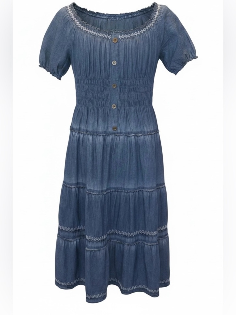 Lapis Blue Smocked Button-Front Maxi Dress Boho Prairie Cottagecore Size Large